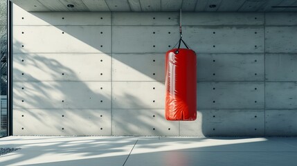 Red punching bag in spacious, well equipped gym with ample wall space for text and branding