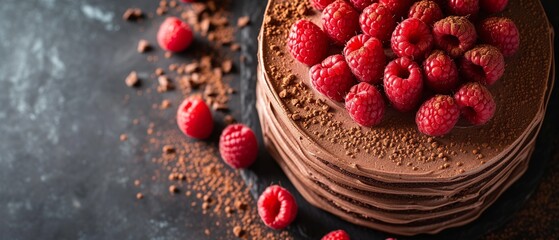Decadent Chocolate Cake with Raspberries Flat Lay