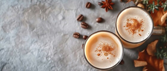 Obraz na płótnie Canvas Coffee Latte Duo in Café Setting Flat Lay