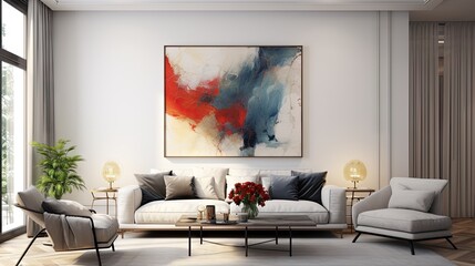 Contemporary design of a poster frame in a luxurious apartment living room with modern interior.