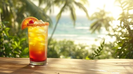 Refreshing tequila sunrise cocktail in tropical setting with blurred beach background and copy space