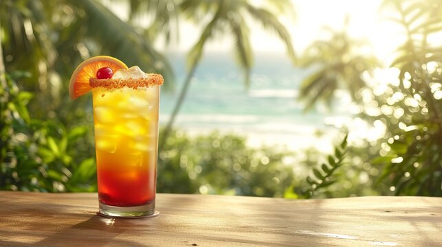 Refreshing tequila sunrise cocktail in tropical setting with blurred beach background and copy space