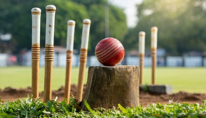 cricket ball on pitch after hitting stumps - Powered by Adobe