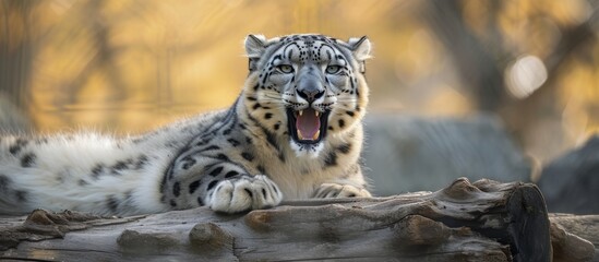 A female snow leopard, Panthera uncia, resting on a log with her mouth agape. - Powered by Adobe