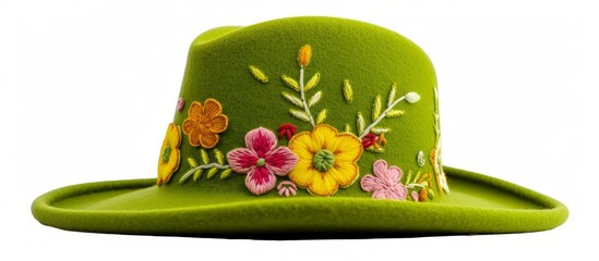 A green hat adorned with floral embroidery, depicting a design inspired by the beauty of flowers and their intricate petals.