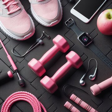 Pink dumbbell background and sports shoes smart watch skipping rope on black rubber background.fitness equipment background concept