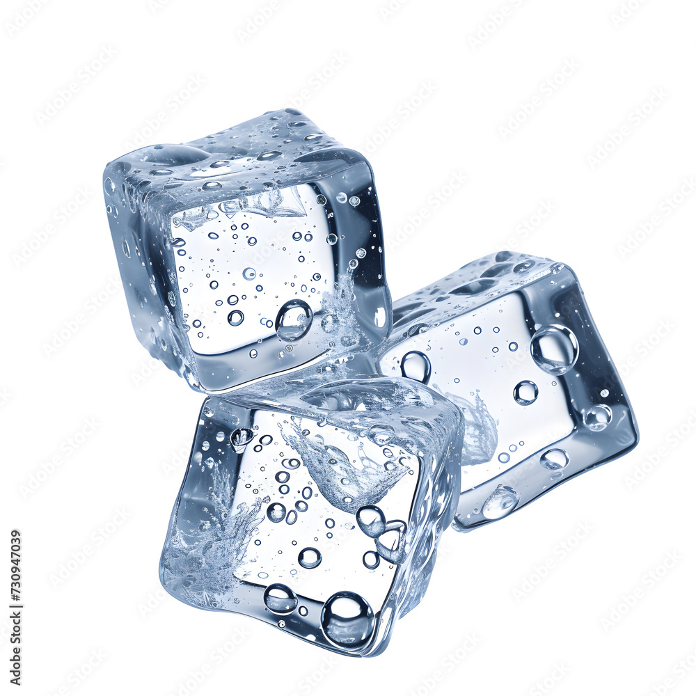 Poster three ice cubes with water droplets on them on a transparent background