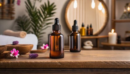 bottles on the background of the spa room skin care serum or natural cosmetics with essential oil face and body beauty concept spa concept place for text