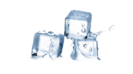three ice cubes with water droplets on them on a transparent background
