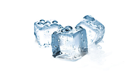 three ice cubes with water droplets on them on a transparent background - obrazy, fototapety, plakaty