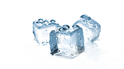 three ice cubes with water droplets on them on a transparent background