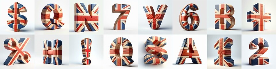 Fototapeta premium United Kingdom letters shape 3D wooden Lettering Typeface. AI generated illustration