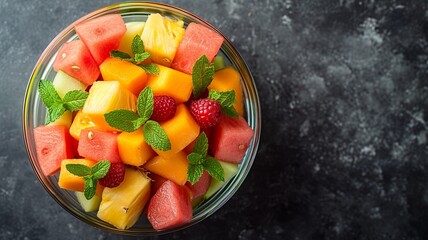 Colorful Fruit Salad in Glass Bowl Top View