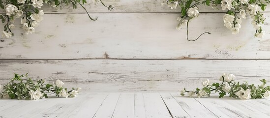 Vintage white table with old wood texture, adorned with flowers. - Powered by Adobe