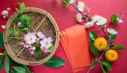Fototapeta na wymiar top view accessories chinese new year festival decorations orange leaf wood basket red packet plum blossom on red background
