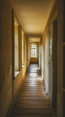A narrow, long corridor at the end of which there is a bright window