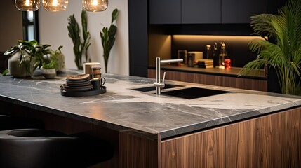 close ups of a stylish kitchen island in a cozy studio with a modern elegant interior
