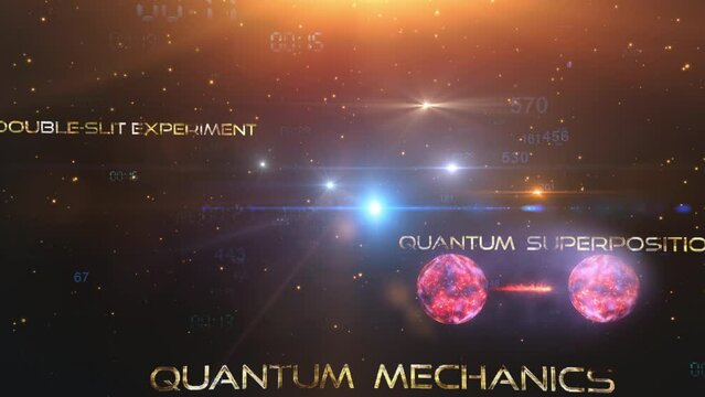 4K 3D Conceptual of Quantum entanglement, future physics science background. Quantum state of each particle. Two particles share coherence in quantum state: position, momentum, spin, polarization.