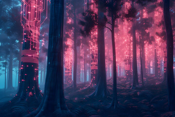 A forest with tall trees and a pink and blue color scheme. The trees have circuit boards growing out of them.
