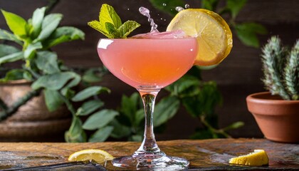 lemon garnish splashing in pink craft cocktail coupe glass
