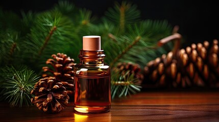 Obraz na płótnie Canvas November 14, 2020 in St. Petersburg, Russia shows a 15 ml bottle of Siberian Fir essential oil on a wooden surface with decorated evergreen fir branches. The scene portrays a cozy warm season with