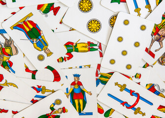 Spanish-suited playing cards. The Neapolitan pattern widely used in central and southern Italy....