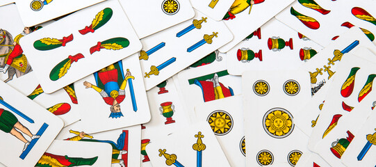 Spanish-suited playing cards. The Neapolitan pattern widely used in central and southern Italy....