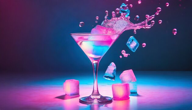 martini cocktail drink splash with ice cubes in neon iridescent pink and blue colors minimal night party life concept