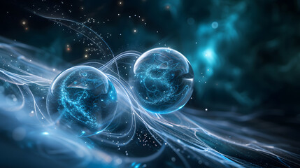 Quantum entanglement: Two interlinked, pulsating spheres connected by shimmering threads