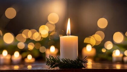 christmas advent candle light in church with blurry golden bokeh for religious ritual or spiritual zen meditation peaceful mind and soul or funeral ceremony