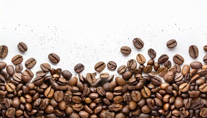 panoramic coffee beans border on white background with copy space