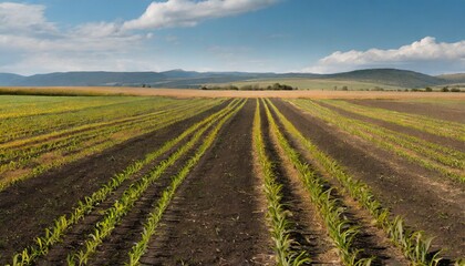 Fototapeta na wymiar lines of young corn shoots on big field