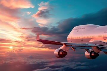 Big passenger airplane flying, beautiful sunset and cloudscape in the background. Above the clouds. - obrazy, fototapety, plakaty