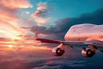 Fotobehang Big passenger airplane flying, beautiful sunset and cloudscape in the background. Above the clouds. © steevy84