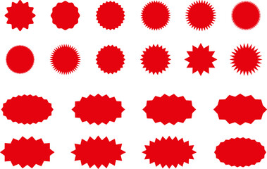 Starburst red sticker set - collection of special offer sale oval and round shaped sunburst labels and badges. Red starburst, sunburst, stamp, seal, label or burst, badge, sticker. Vector.