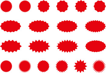 Starburst red sticker set - collection of special offer sale oval and round shaped sunburst labels and badges. Red starburst, sunburst, stamp, seal, label or burst, badge, sticker. Vector.