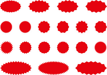 Starburst red sticker set - collection of special offer sale oval and round shaped sunburst labels and badges. Red starburst, sunburst, stamp, seal, label or burst, badge, sticker. Vector.