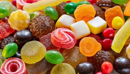 panorama close up a background from colorful sweets of sugar candies and marmalade