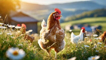 happy free range organic chicken in the meadow - obrazy, fototapety, plakaty