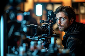 Focused filmmaker behind the camera lens on a film set