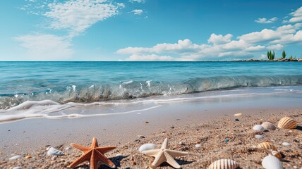 Fototapeta na wymiar Tranquil Beach with Shells and Gentle Wave