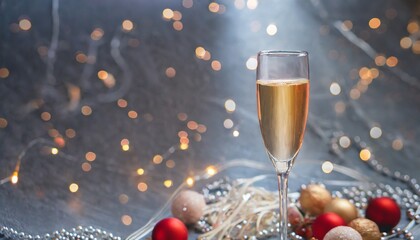 a glass of champagne on a silver background with highlights for christmas and new year with...
