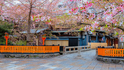 Naklejka premium Tatsumi bashi bridge crosses Shirakawa river is the iconic place of Gion district in Kyoto, Japan