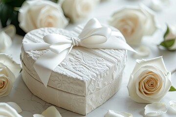 Fototapeta na wymiar White Gift Box with Heart Shape and Flowers White Day