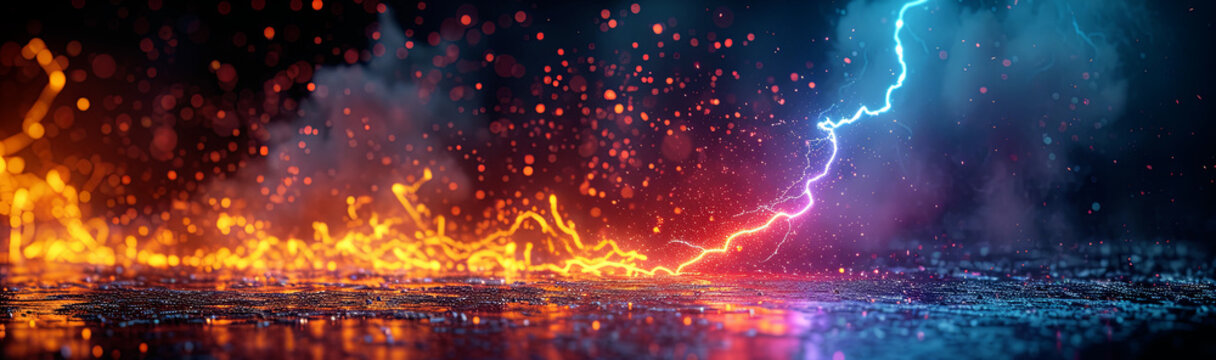 Colorful abstract lightning strike, wide format image background. 