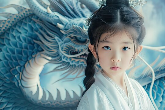 10 years old Chinese girl, wearing white clothes, with a huge blue and white dragon behind her. She has a pair of charming eyes and a gentle and affectionate expression - generative ai