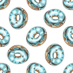 Colored seamless pattern of donuts. Hand drawn doughnut sketch. Vintage illustration. Pastry sweets, dessert. Element for the design of labels, packaging.