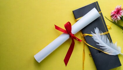 close up top view of certificated degree on yellow background for education concept