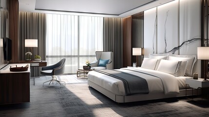 Luxurious hotel bedroom suite with 3D render, complete with TV, work table, and wardrobe.