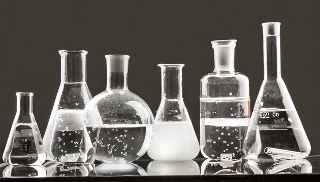 group of laboratory flasks with a clear liquid isolated